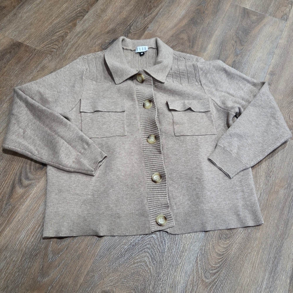 Elle Women Taupe Tan Collared Button Front Cardigan Sweater Ribbed Knit Size M